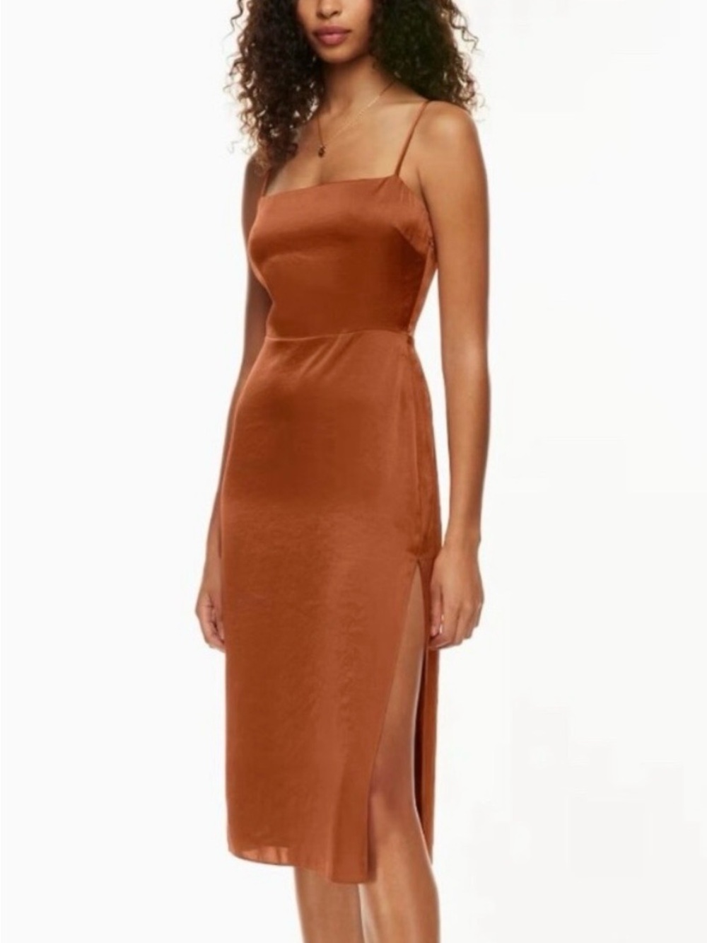 Aritzia Wilfred Satin Slip Midi Dress in Rust